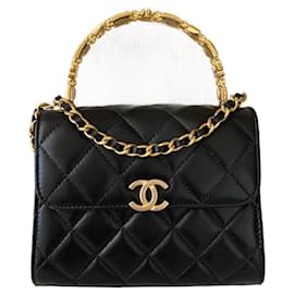 Chanel-Black Lambskin with top handle flap bag Clutch-Black