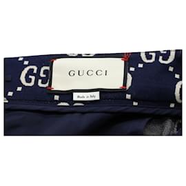 Gucci-Gucci Pantalon Taille Haute Jacquard Logo GG En Coton Bleu Marine-Bleu Marine