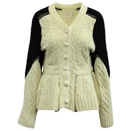 Sacai-Sacai Peplum Chunky Knitted Cardigan in Cream Wool Blend-White,Cream