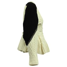 Sacai-Sacai Peplum Chunky Knitted Cardigan in Cream Wool Blend-White,Cream