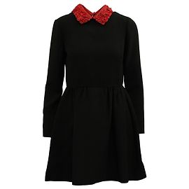 Valentino Blumenkragenkleid aus schwarzer Wolle Schwarz