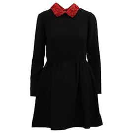 Valentino-Vestido con cuello floral Valentino en lana negra-Negro