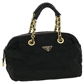 Prada-PRADA Chain Hand Bag Quilted Nylon Black Gold Auth ar7592-Black