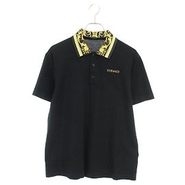 *VERSACE Baroque pattern switching logo embroidery short sleeve polo shirt Black Golden