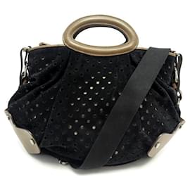 Marni-MARNI HANDBAG IN BROWN LEATHER & BLACK SUEDE PERFORATED BANDOULIERE PERFORATED PURSE-Black