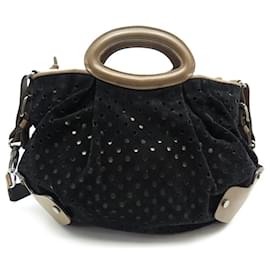Marni-MARNI HANDBAG IN BROWN LEATHER & BLACK SUEDE PERFORATED BANDOULIERE PERFORATED PURSE-Black