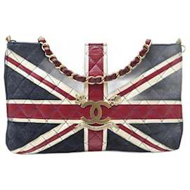 Chanel-RARE SAC A MAIN CHANEL UNION JACK LOGO CC EN VELOURS BLEU MARINE FLAG HAND BAG-Bleu Marine