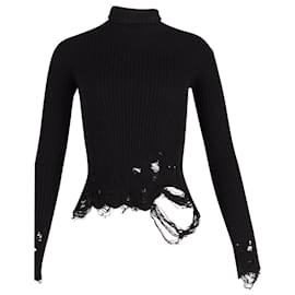 Balenciaga-Balenciaga Rippstrick-Rollkragenpullover in Distressed-Optik aus schwarzer Wolle-Schwarz