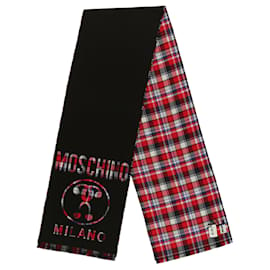 Moschino-Moschino Plaid Logo Wool Scarf-Grey