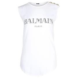 Balmain-Balmain Gold Button Trim Logo Tank Top in White Cotton-White