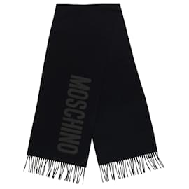 Moschino-Moschino Logo Fringe Wool Scarf-Black