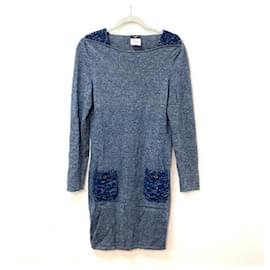 Chanel-* CHANEL CC here button square neck long sleeve knit dress cashmere ladies blue-Blue
