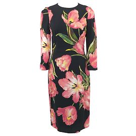 Dolce & Gabbana Kleid mit rosafarbenem Tulpendruck auf Schwarz Schwarz