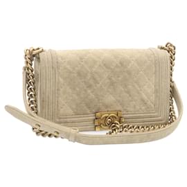 Chanel-CHANEL Boy Chanel Chain Shoulder Bag Beige Suede CC Auth 23649a-Beige