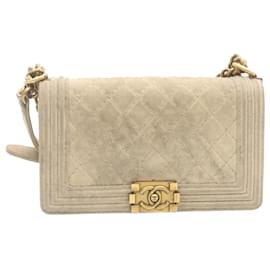 Chanel-CHANEL Boy Chanel Chain Shoulder Bag Beige Suede CC Auth 23649a-Beige