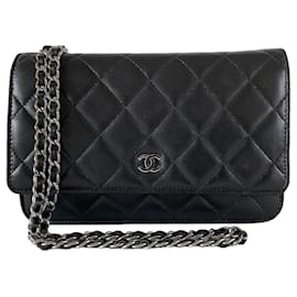 Chanel-Chanel WOC Wallet on chain black lambskin single flap gold hardware-Black