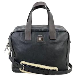 Céline-Celine Black Leather Handle Bag Vintage Briefcase Messenger Bag d'occasion-Noir