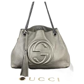 Gucci-Gucci Metallic Pewter Pebbled Soho Medium Chain Tote Shoulder Hobo bag Gebraucht-Silber,Metallisch