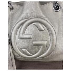 Gucci-Gucci Metallic Pewter Pebbled Soho Medium Chain Tote Shoulder Hobo bag Pre owned-Silvery,Metallic