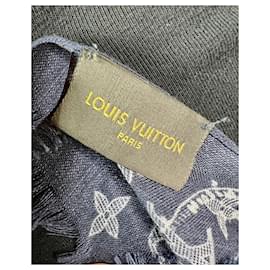 Louis Vuitton-LOUIS VUITTON Cashmere Silk Chapman Brothers Roubado Blue Wrap Usado-Azul