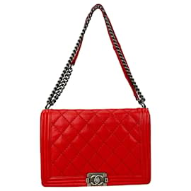 Chanel-CHANEL Sac à main en point matelassé à grand rabat en cuir rouge CC Sac à main à bandoulière d'occasion-Rouge