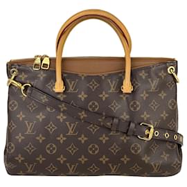 Louis Vuitton-Louis Vuitton Pallas MM Monogram Canvas & Brown Leather Tote Shoulder Bag Occasion-Marron
