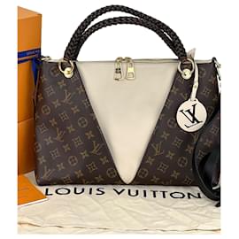 Louis Vuitton-Louis Vuitton Monograma trançado V Tote MM Bolsa de Mão de Couro Branco Usado-Branco,Cru