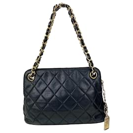 Chanel-Borsa CHANEL Mini borsa a tracolla nera vintage con catena in pelle di agnello trapuntata usata-Nero