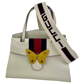 Gucci-GUCCI Linea Medium Totem Web Stripped Yellow Butterfly Top Handle Bag Occasion-Blanc