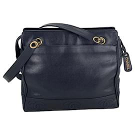 Chanel-CHANEL Vintage Black Caviar Leather CC Zip Tote Shoulder Bag w/added insert  Pre owned-Black