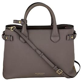 Burberry-Burberry Tote Banner House Check Leather Canvas Medium Hand Shoulder Bag d'occasion-Marron