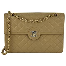 Chanel-CHANEL Sac Quilted CC Single Flap Chain Shoulder Bag Purse Beige Agneau occasion-Beige