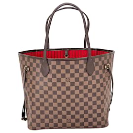Louis Vuitton-Louis Vuitton Neverfull MM Brown Damier Ebene Canvas Leather Tote W/Red Insert Pre-owned-Brown