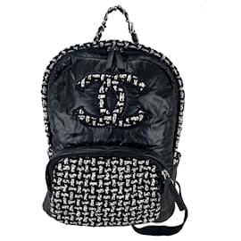 Chanel-Chanel Backpack Quilted Nylon and CC Tweed  Black White Backpack Preowned-Black