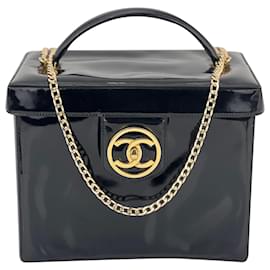 Chanel-CHANEL Bag Timeless CC logo Vanity Pouch Patent Leather Makeup Travel Case Shoulder Bag Preowned-Black