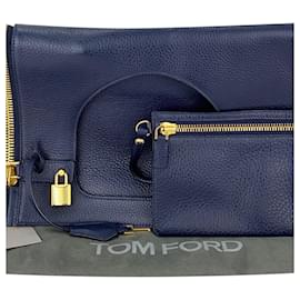Tom Ford-TOM FORD  ALIX  Fold-Over Navy Blue Pebbled Calfskin Leather Shoulder Bag preowned-Blue,Navy blue