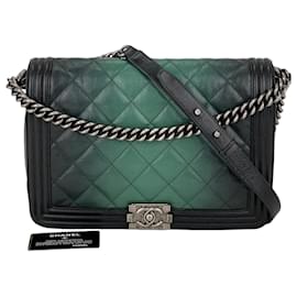 Chanel-CHANEL Bag Dark Green Ombre Quilted Glazed Leather Large Boy Authentic preowned-Green,Olive green