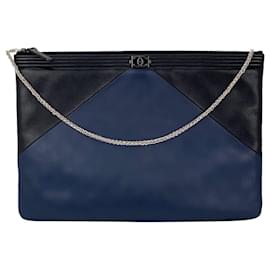 Chanel-Chanel Quilted Lambskin Leather Black Blue Large Boy Zip Pouch Added Chain Pre owned-Blue