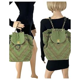 Chanel-CHANEL Backpack Canvas Chevron Cuba Patchwork Khaki Green Backpack Preowned-Green,Khaki