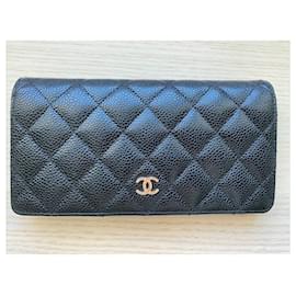 Chanel-CHANEL Matelasse Caviar Skin Portafoglio Lungo Pelle Nero-Nero