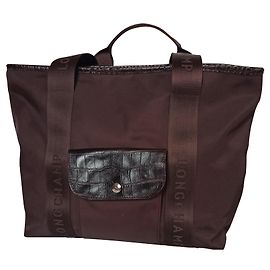 Longchamp Canvas Tote Bag Crocodile Effect Leather Dark Brown Dark brown