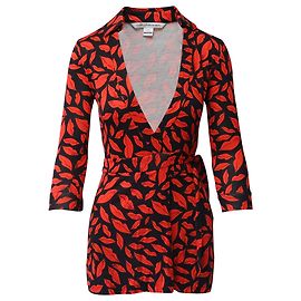 Diane Von Furstenberg Lips Print Wrap Short Jumpsuit in Red and Black Silk  Other