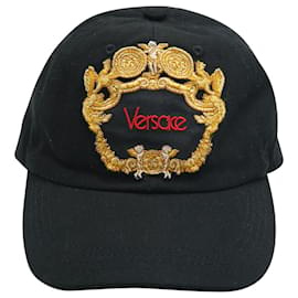 Versace-Versace Blasone Baroque Embroidered Cap in Black Cotton-Black