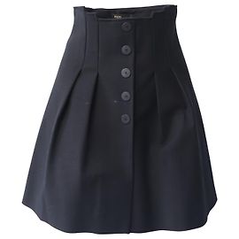 Maje Button Front Pleated Skirt in Black Cotton  Black
