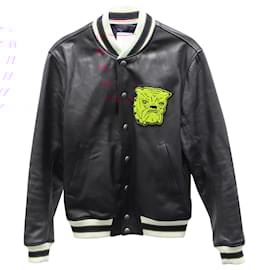 Sandro-Sandro Tiger Embroidered Varsity Jacket in Black Calfskin Leather-Black
