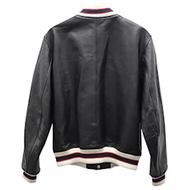 Sandro-Sandro Tiger Embroidered Varsity Jacket in Black Calfskin Leather-Black