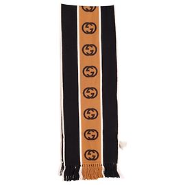 Gucci Monogram Fringed Scarf in Blue Print Cashmere Wool Other