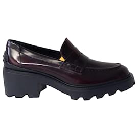 Tod's-Tod's Heeled Penny Loafers in Burgundy Leather-Dark red