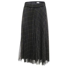 Brunello Cucinelli Wrap-Effect Pleated Checked Midi Skirt in Black Print Tulle Polyester Other