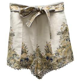 Zimmermann-Zimmermann Belted Paisley-Print Bermuda Shorts in Cream Linen-White,Cream